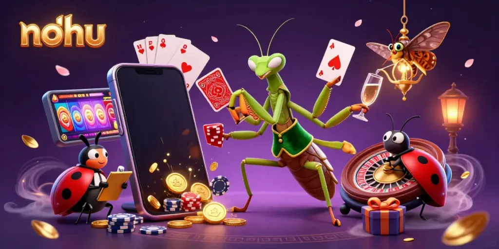 Experience the thrill of nohu slot games with a vibrant casino scene featuring a mantis dealer and ladybug pit boss.