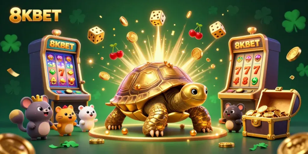 Experience excitement with 8KBET at a dynamic 3D casino scene featuring playful animals and a giant tortoise.