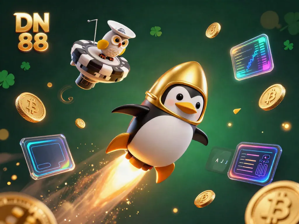 Experience the excitement of DN 88 with a dynamic illustration of a golden penguin journeying through a casino-themed galaxy.