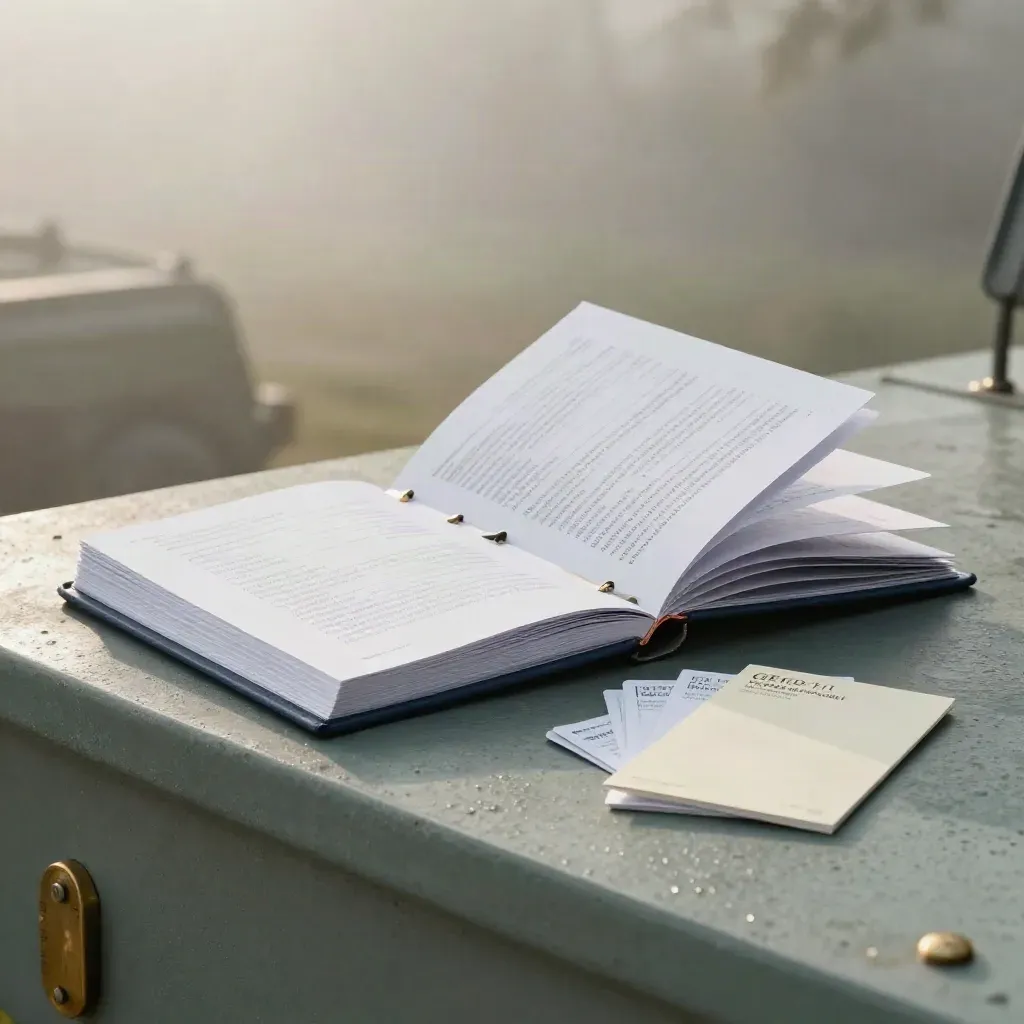 Otwarto segregator GPW z arkuszami, bookletą wyceny i kartami quizowymi na kamiennym cokole.