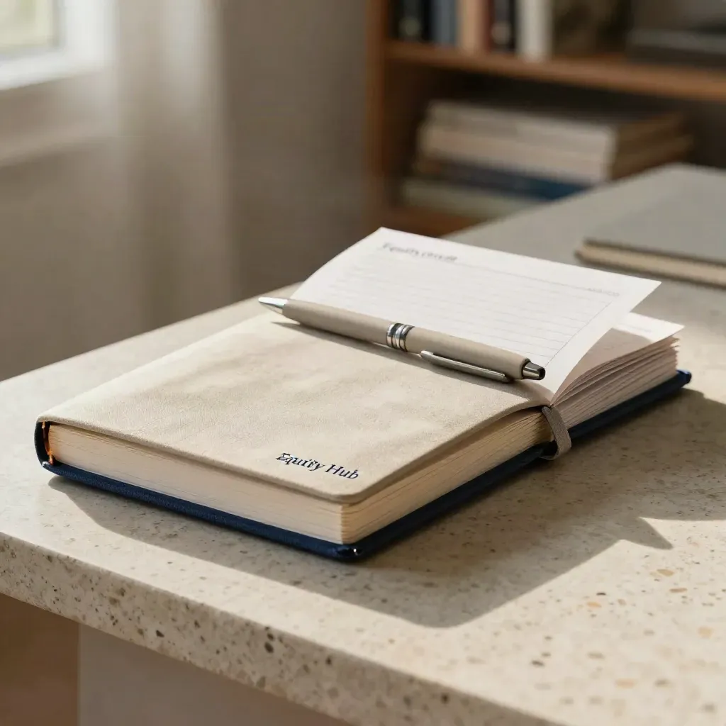 Notes i karty na kamieniu i lnianej tkaninie, w eleganckim stylu premium.