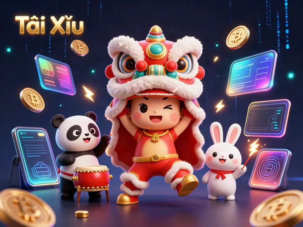Tài Xỉu characters performing a lion dance, surrounded by cryptocurrency elements and vibrant decorations