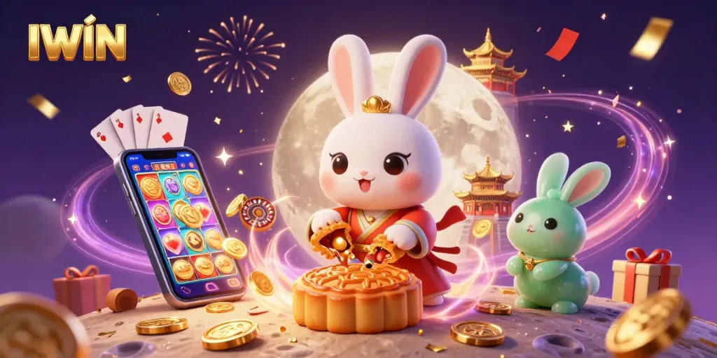 IWIN brings excitement with a vibrant scene illustrating slot games, poker chips, and a lunar festival.