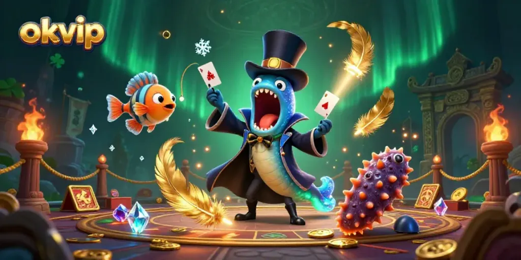 Engage in magical experiences at okvip with a dazzling scene of playful ocean creatures in a casino-themed act.