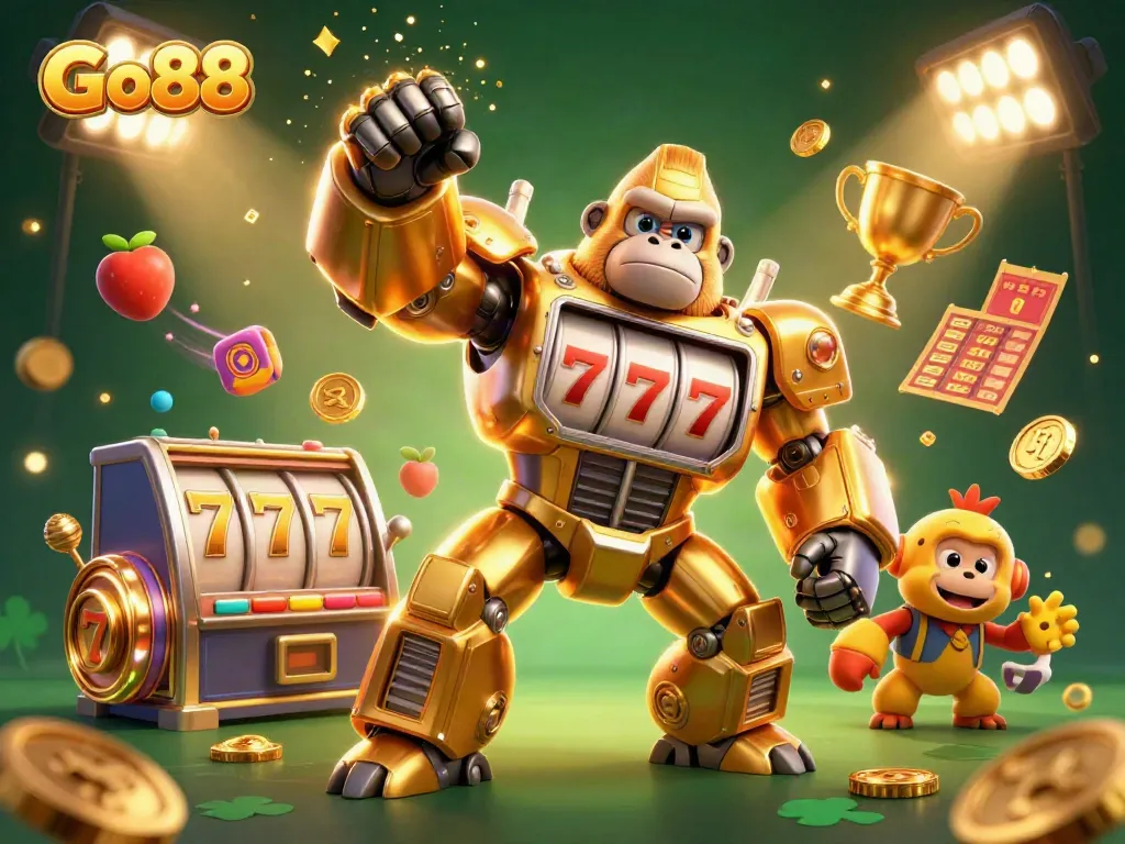 Go88 immersive gaming experience with a vibrant golden gorilla mech and slot machine elements.