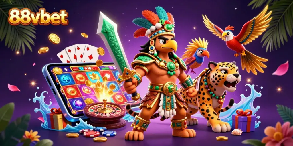 Experience the excitement of 88vbet's vibrant casino scene with dynamic slot games and colorful characters.