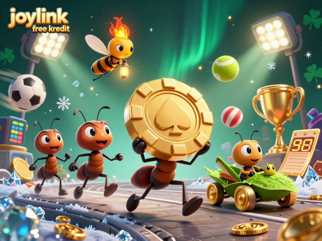 Celebrate wins with joylink free kredit at this vibrant casino adventure illustration featuring ants and sports elements.