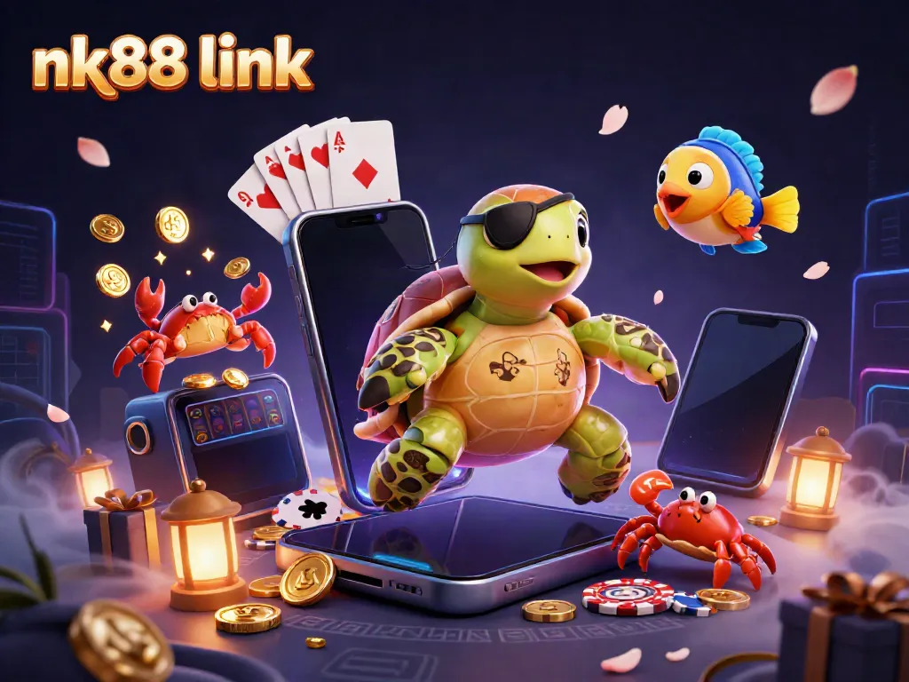 Spin colorful slots and win with nk88 link in this vibrant casino scene featuring a pirate turtle.