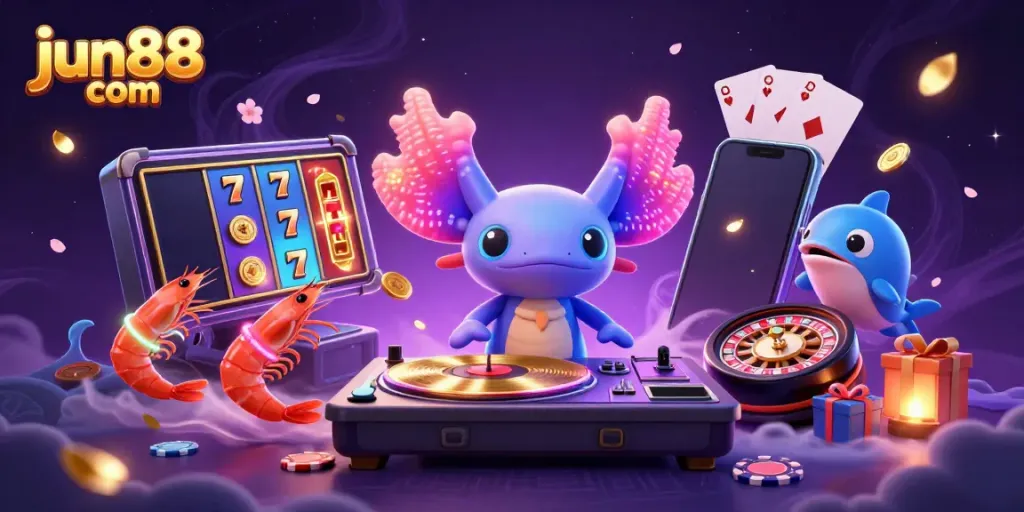 Experience the excitement of jun88 com with a vibrant 3D casino-themed illustration featuring dynamic characters and gaming elements.