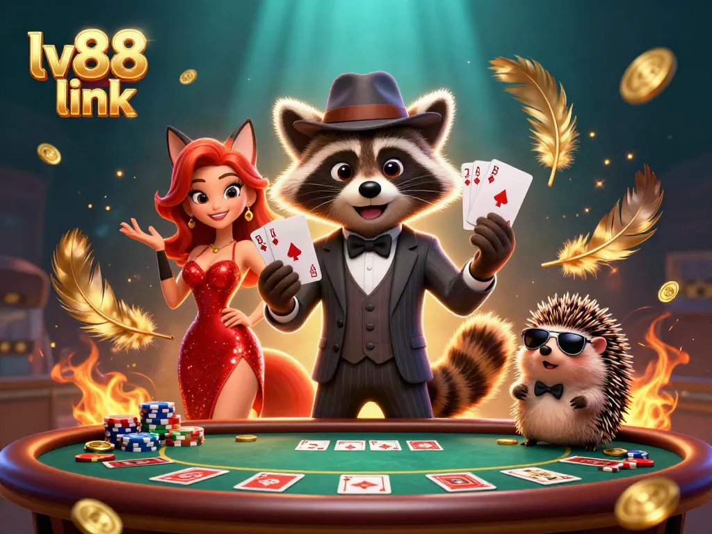 Engage with the excitement of the lv88 link poker scene featuring a raccoon, fox, and hedgehog amidst chips and atmospheric effects.