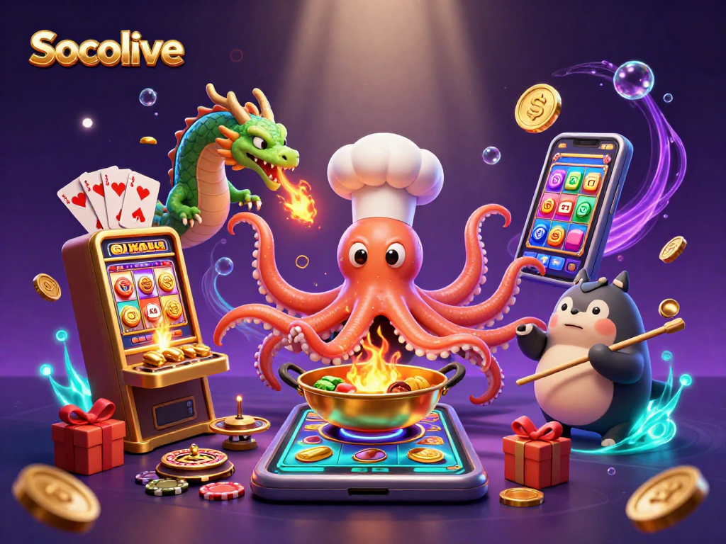 Socolive delivers an exciting experience with a cartoon sushi chef octopus and mythical dragon engaging in vibrant casino gameplay.