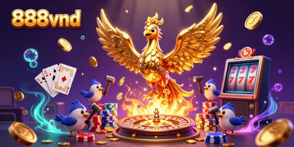 Experience thrilling gaming with 888vnd as golden coins cascade from a molten phoenix in this dynamic casino scene.