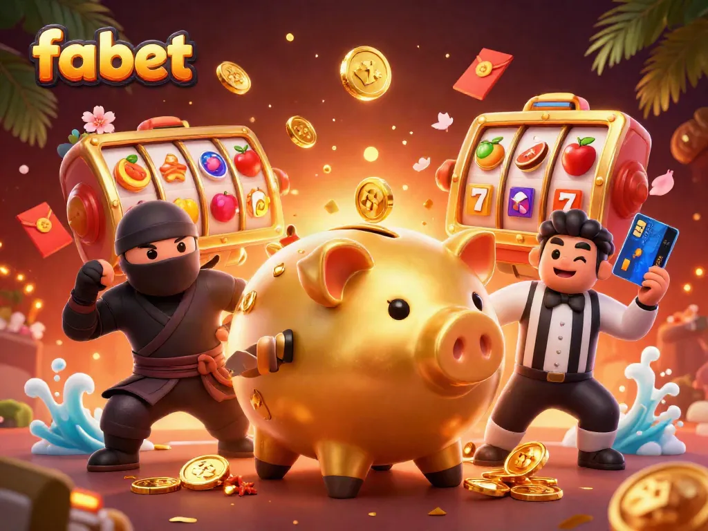 Experience the excitement of fabet with a golden piggy bank sumo wrestler and a ninja amidst colorful slot game elements.