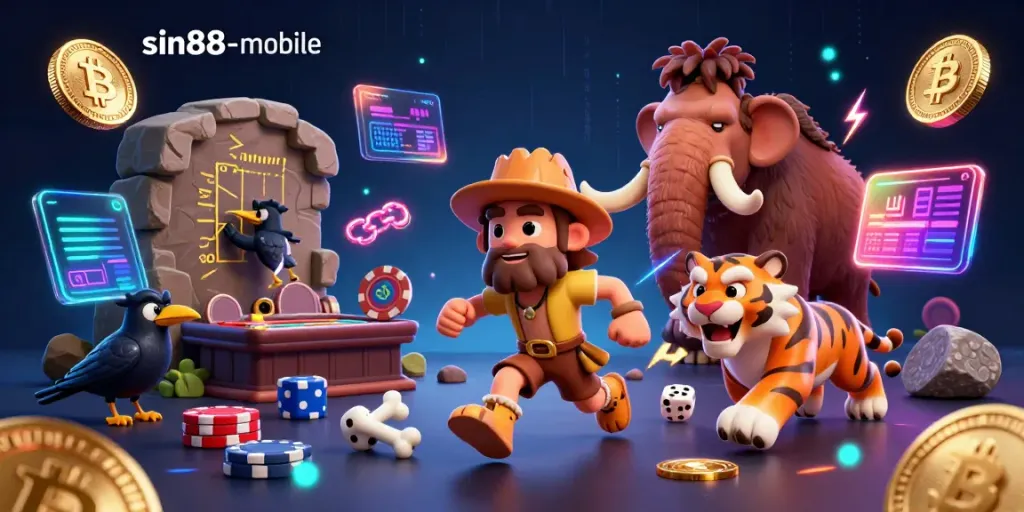 Unleash excitement with sin88-mobile as caveman and sabertooth tiger operate a vibrant casino scene.
