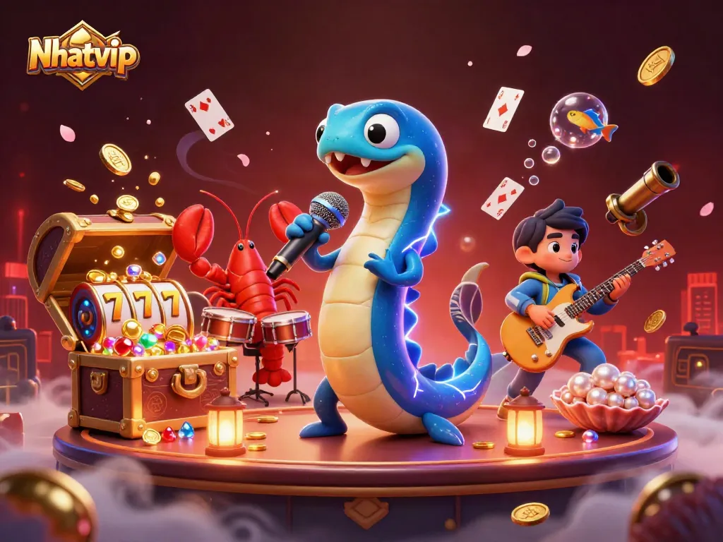 Nhatvip gaming scene featuring an electric eel DJ, lobster drummer, and seahorse guitarist in vibrant underwater casino.