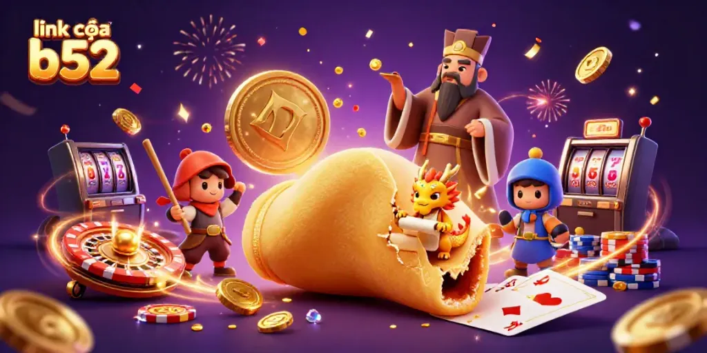 Win big with link vào b52 as golden coins and treasures surround a dragon guiding players in a vibrant casino scene.