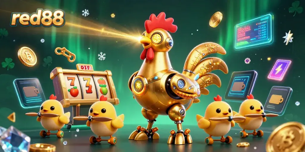 Experience exciting gaming action with red88's vibrant and dynamic casino illustration featuring intricate gaming elements.