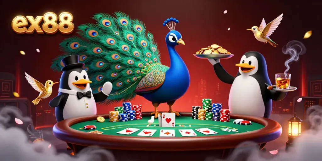 Experience the excitement of poker with ex88, featuring a luxurious peacock and vibrant casino elements.