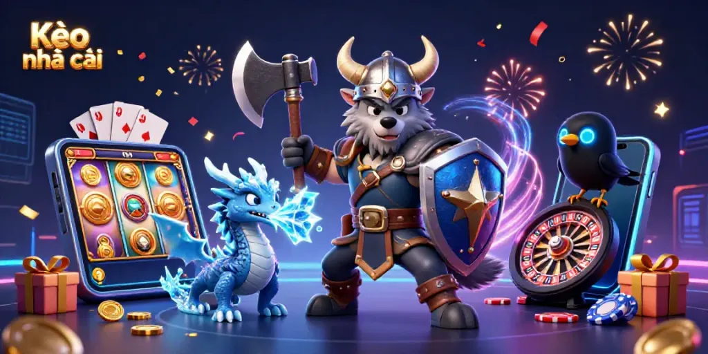 Engage with the live sports betting excitement at Kèo nhà cái with lively animation of characters and vibrant casino elements.