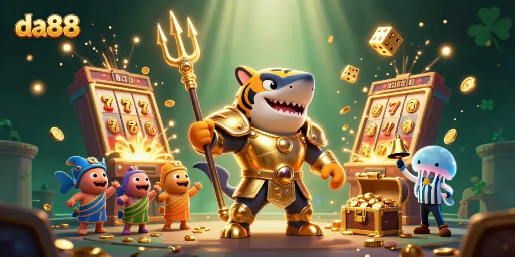 da88 casino adventure with a tiger shark in gladiator armor amidst a vibrant slot machine explosion