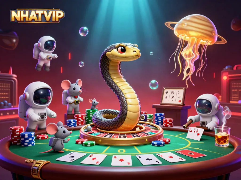 Experience the thrill of NHATVIP with astronaut mice betting on a cosmic roulette wheel.