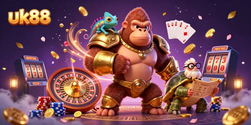 Engage with uk88 in a dynamic casino scene featuring a mighty gorilla, colorful chameleon, and wise tortoise.