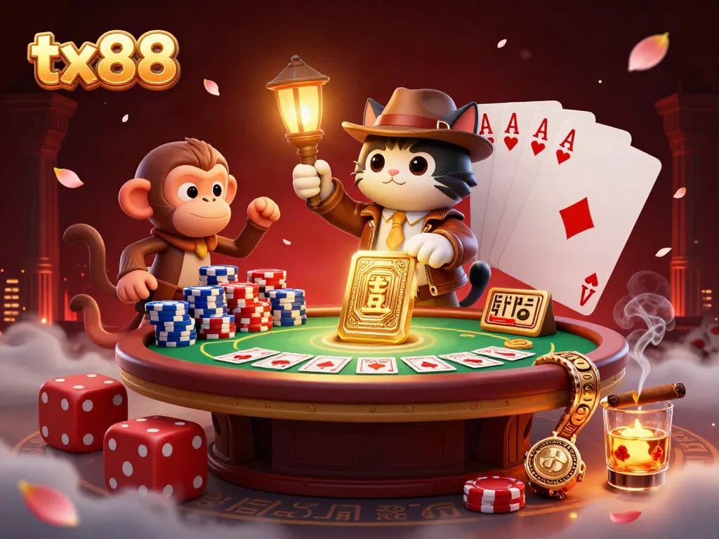 Unveil winning strategies at tx88 with an adventurous cat archaeologist in a colorful casino.