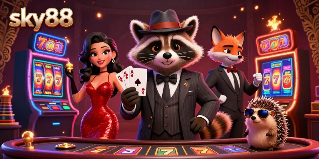 Engage with the sky88 casino through vibrant characters enjoying a thrilling gaming experience.