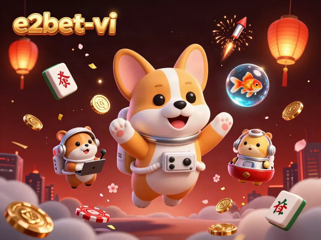 Engage with e2bet-vi's vibrant casino atmosphere featuring a floating corgi, poker chips, and festive elements.