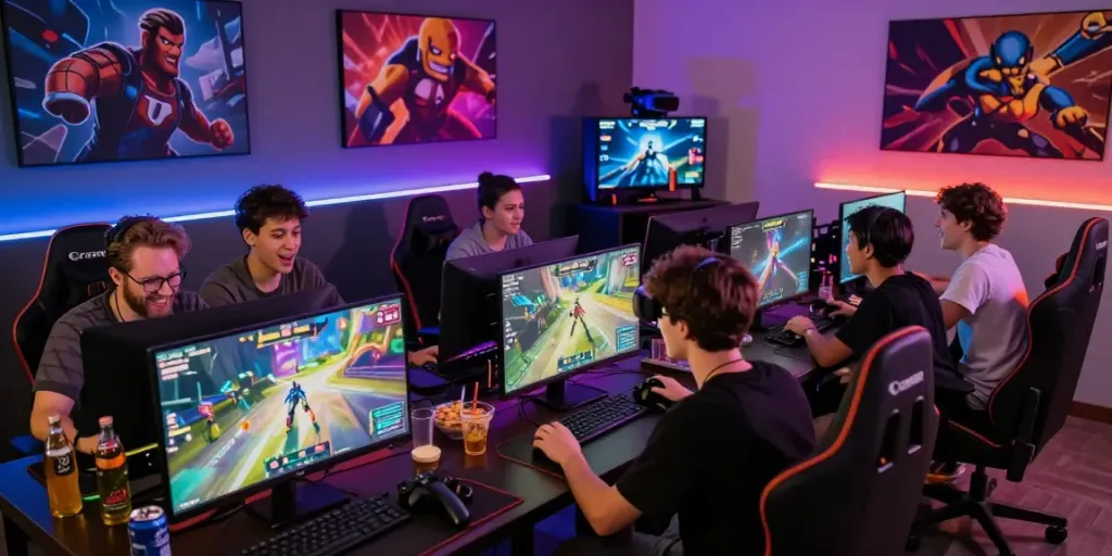 Diverse friends enjoying a gaming session at harta 88 lounge with vibrant decor and interactive setup.