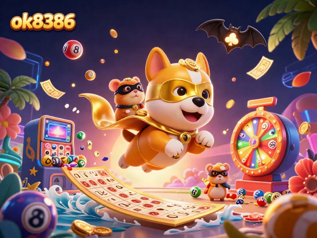 Experience excitement with ok8386's superhero dog soaring while scattering vibrant lottery elements in a dynamic scene.