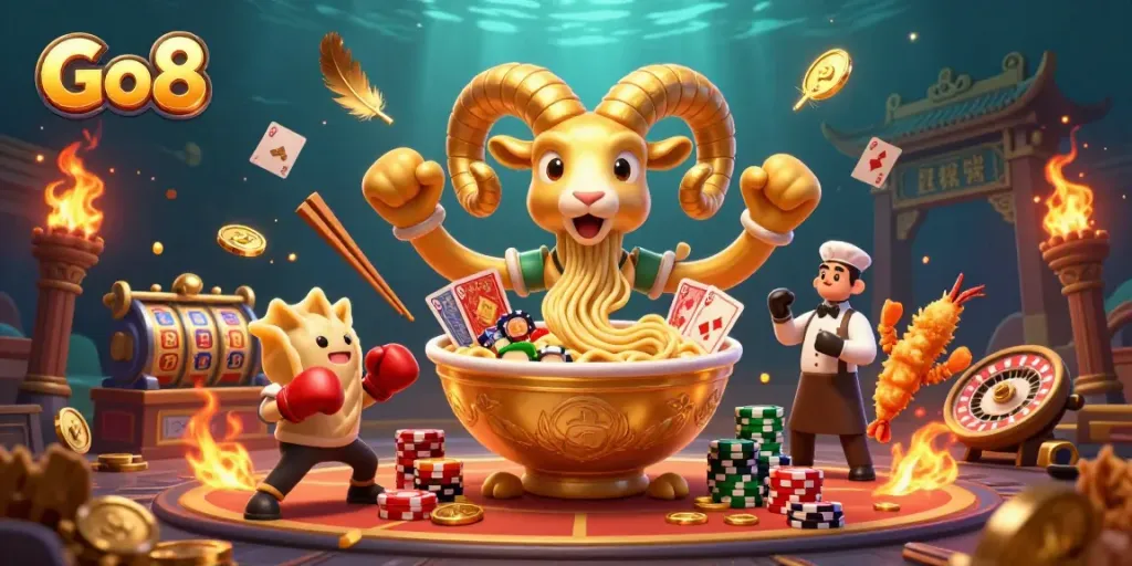 Experience the thrill of Go8 casino games with a vibrant and dynamic illustration featuring unique characters and elements.