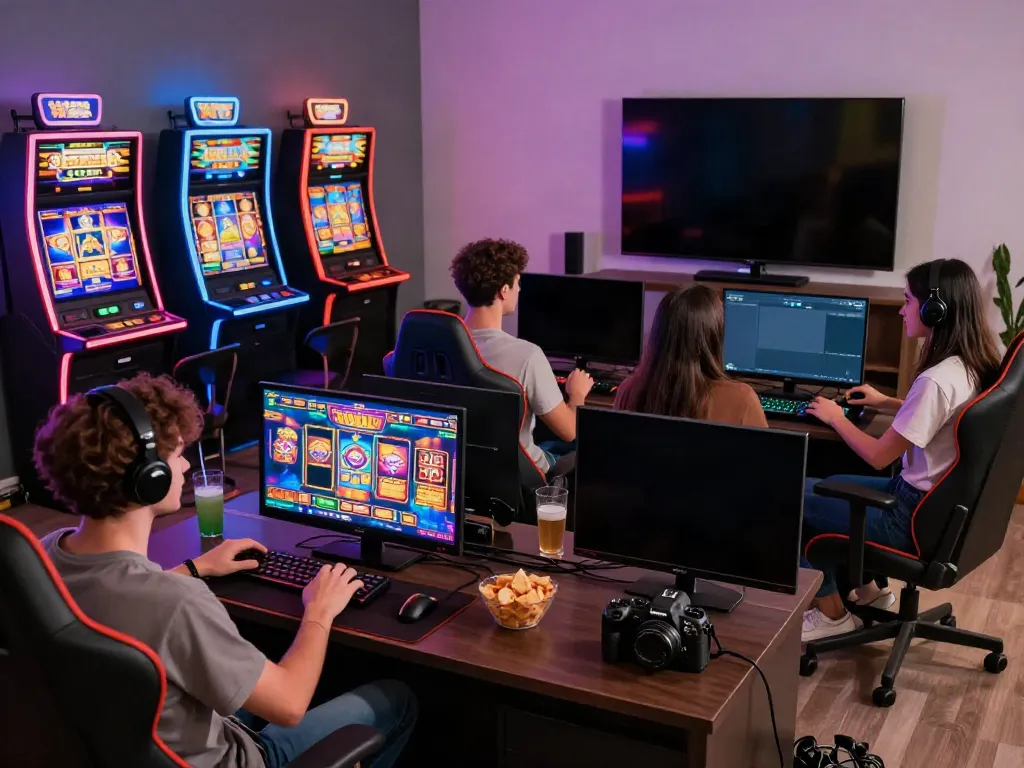 Engaged players enjoying diverse slot games at tuan88 in a modern living room.
