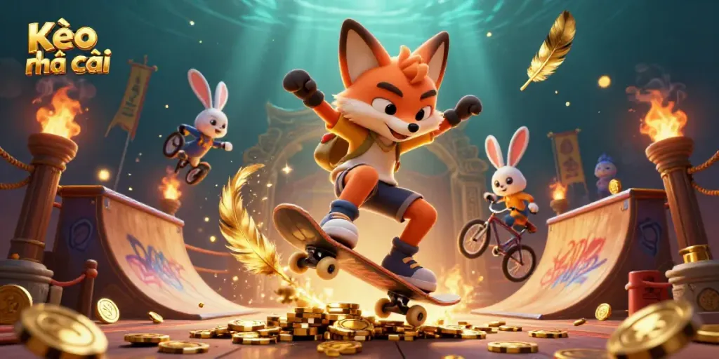Experience Kèo nhà cái action with a vibrant 3D fox skateboarder amidst casino symbols.
