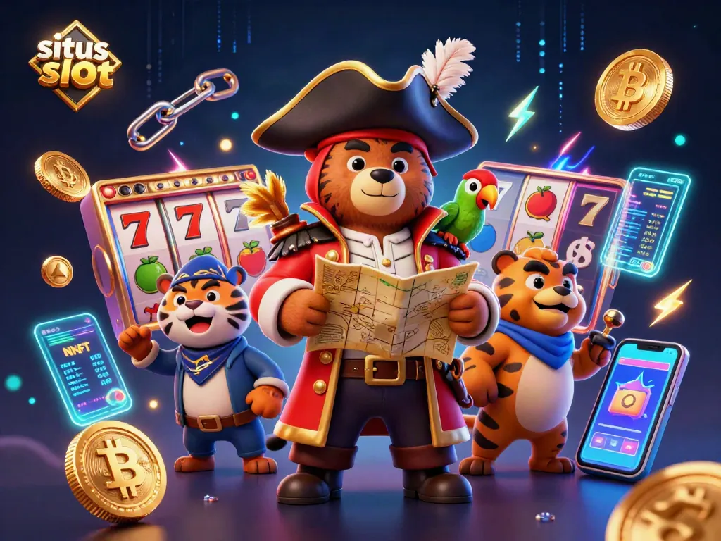 Situs slot featured in a rich 3D illustration with a pirate bear and jackpot symbols for gamers.