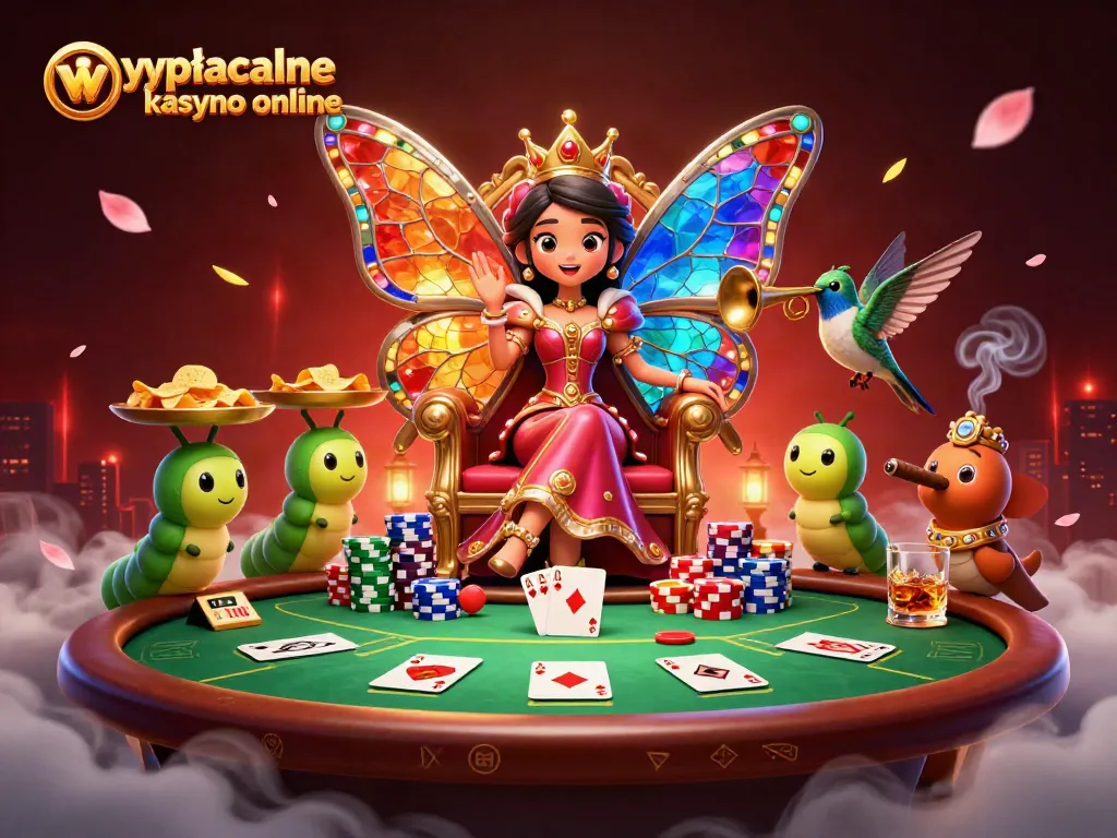 Engage with wypłacalne kasyno online in this vibrant scene featuring a butterfly queen and poker elements.