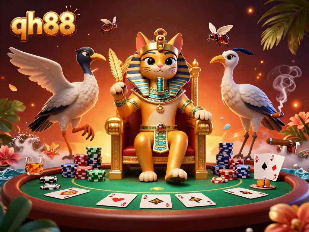 Experience thrilling poker action with stunning visuals featuring qh88, an Egyptian pharaoh cat and companions.