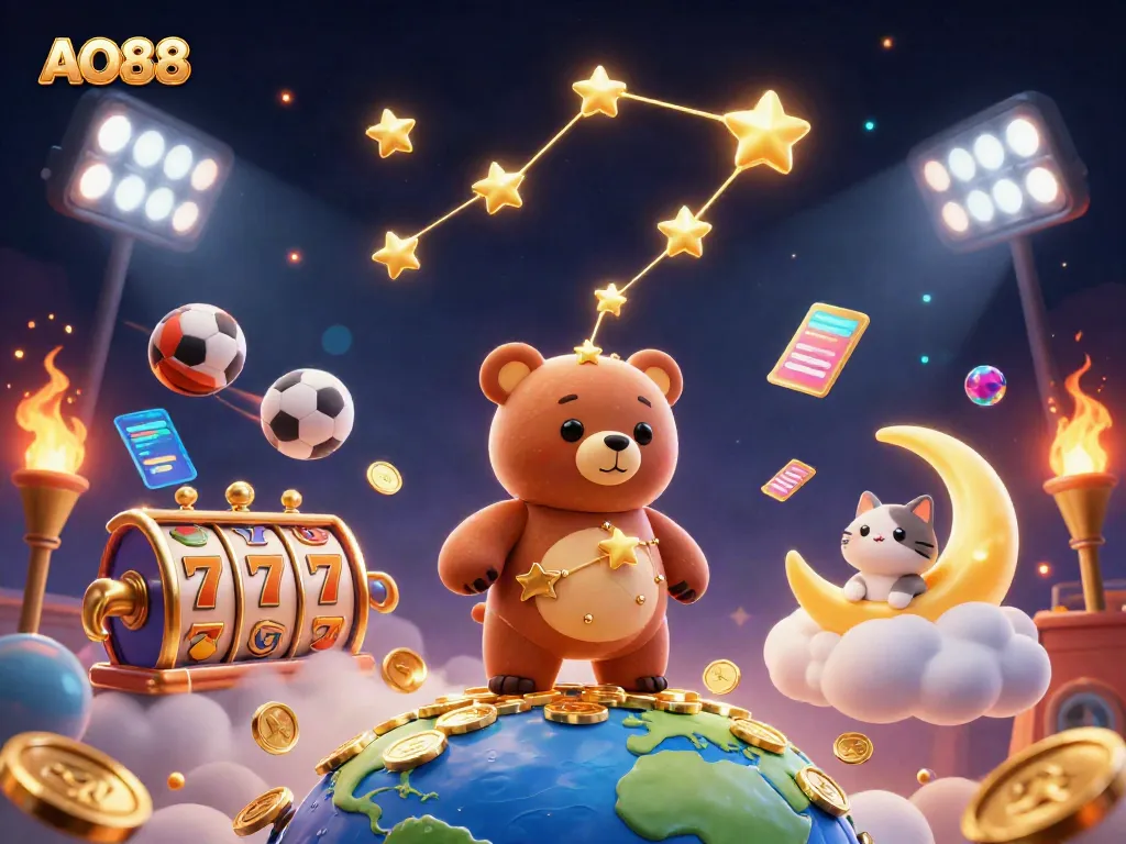 Engaging AO88 casino scene with a constellation bear, coins, and dynamic slot reels highlighting gaming excitement.