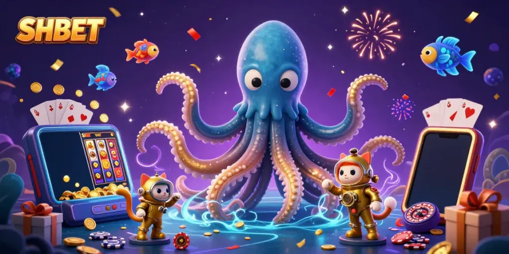 Engage in thrilling gameplay with SHBET featuring a kraken and diving cat amid casino treasures.