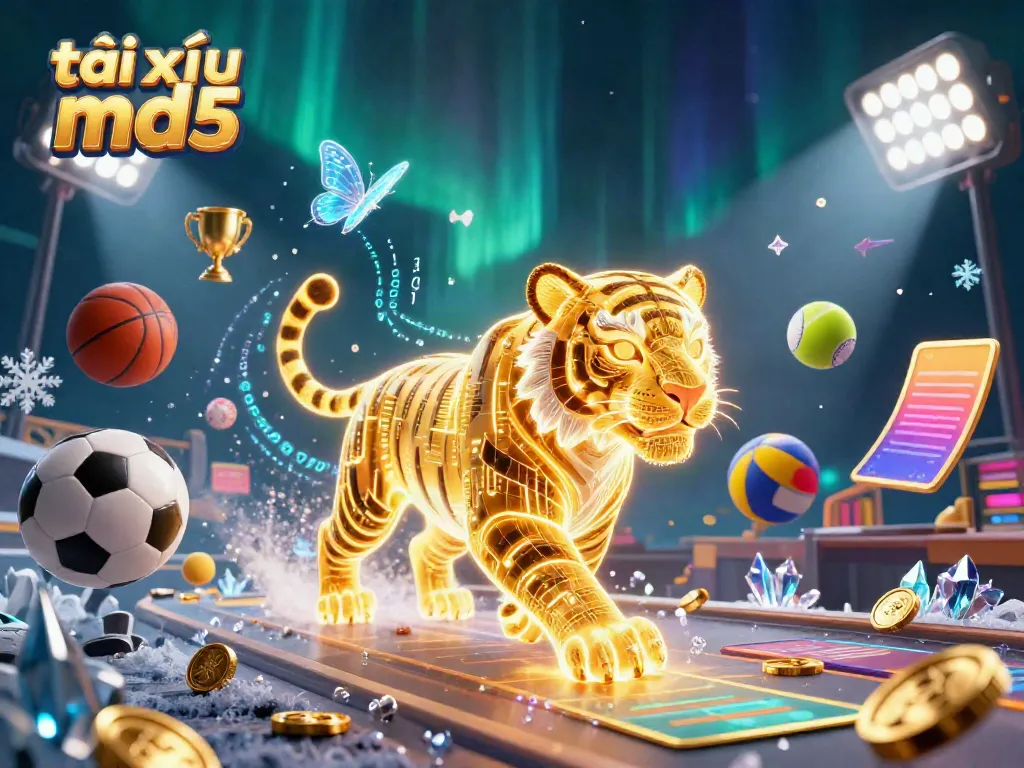 Engage in thrilling tài xỉu md5 excitement with dynamic golden tiger and holographic butterflies in a dazzling casino.
