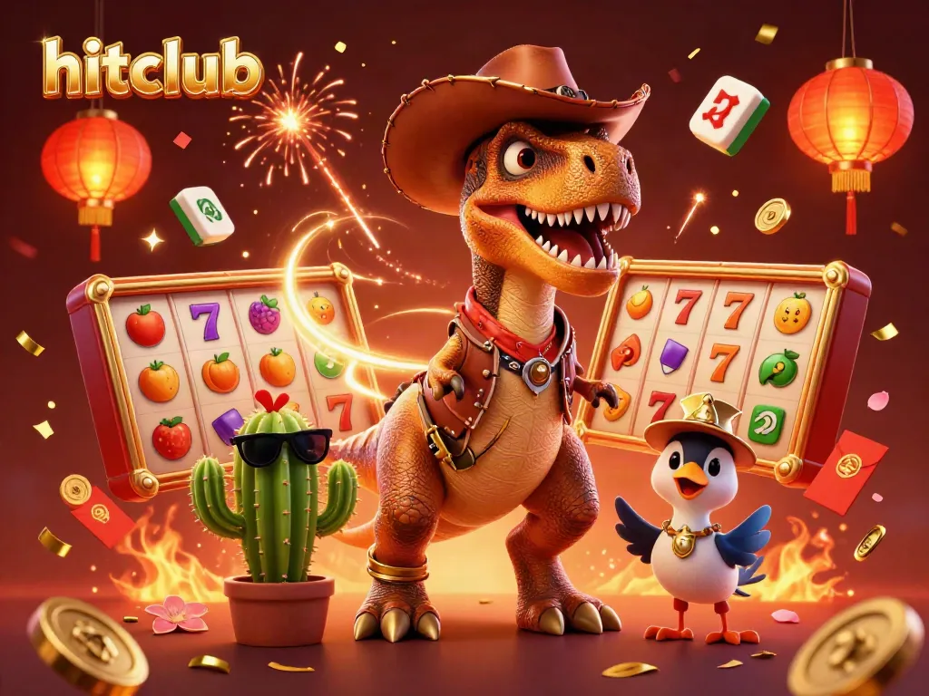 Join the vibrant hitclub scene with a cowboy T-Rex, cactus, and roadrunner at a dynamic casino event.