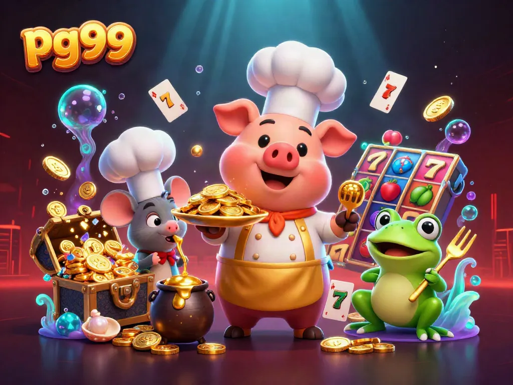 Engage with pg99's thrilling casino experience featuring vibrant slot games amidst neon characters.