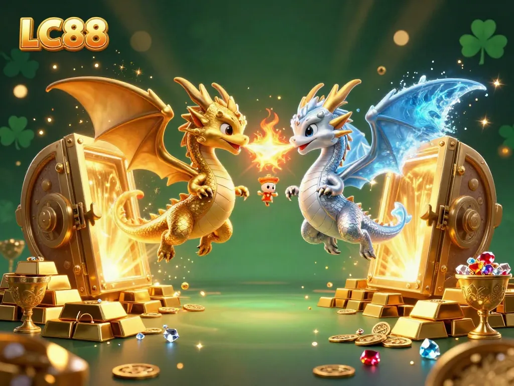 Experience the thrilling world of LC88 with cartoon dragons amidst treasure and gold.