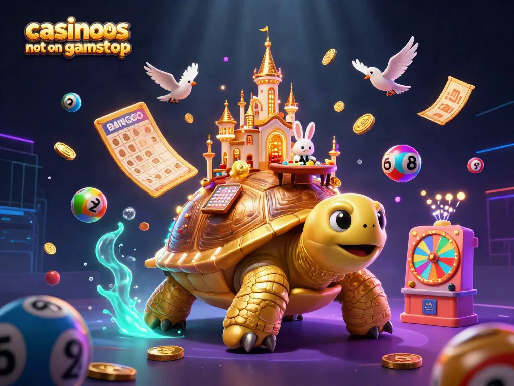 Engaging scene of colorful activities at casinos not on gamstop uk with a golden tortoise and rabbit dealer.