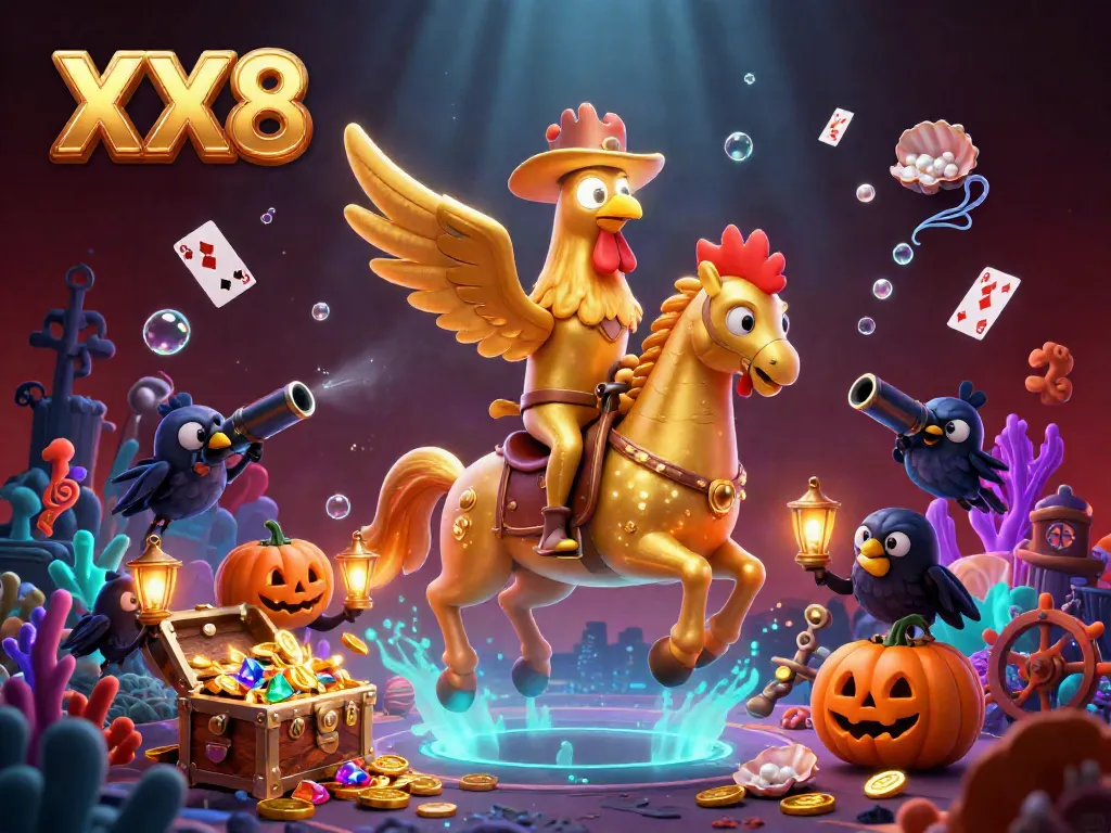 Experience the vibrant world of XX8 with a golden rooster headless horseman riding through a captivating casino scene.
