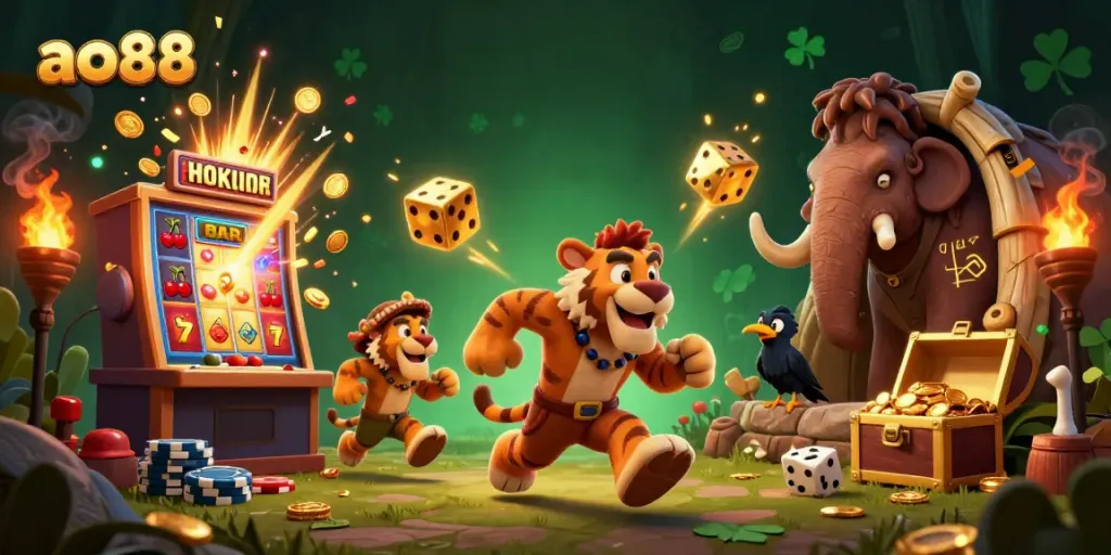 Experience the excitement of ao88 as a caveman duo runs a prehistoric casino with dynamic slot machines and treasure.