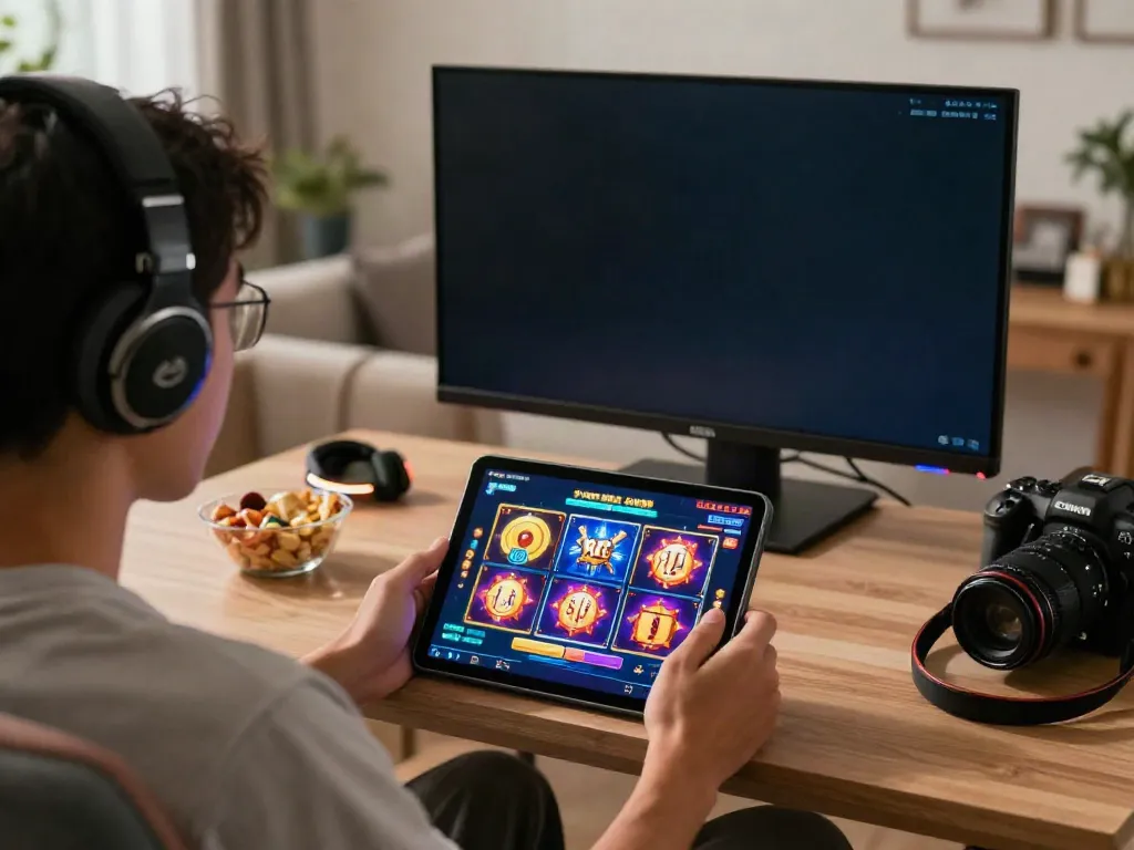 Player immersed in a lively slot gacor hari ini game on a tablet, vibrant graphics enhancing the gaming experience.