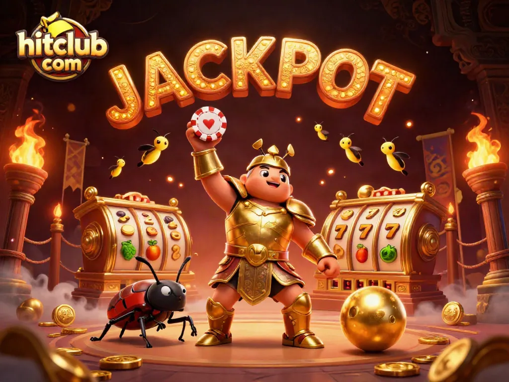Engage with hitclub com as a gladiator beetle triumphantly showcases a poker chip amid dynamic slots and golden elements, ensuring a thrilling atmosphere.
