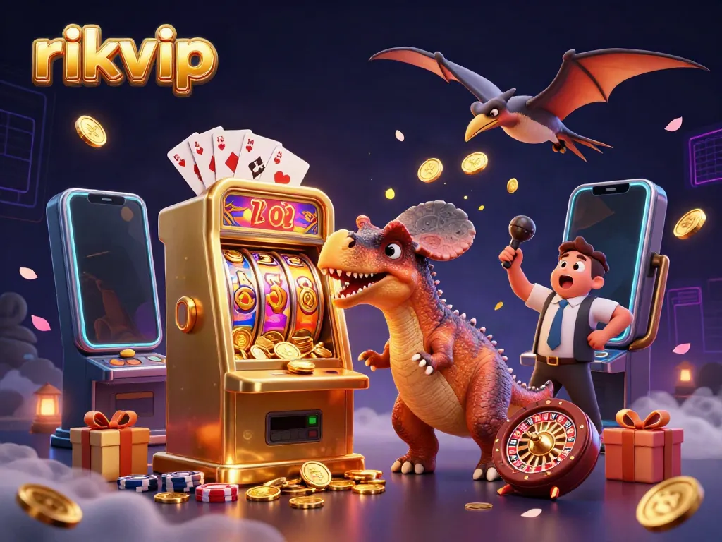 Experience the thrill of rikvip as a pachycephalosaurus wins coins from a golden slot machine.