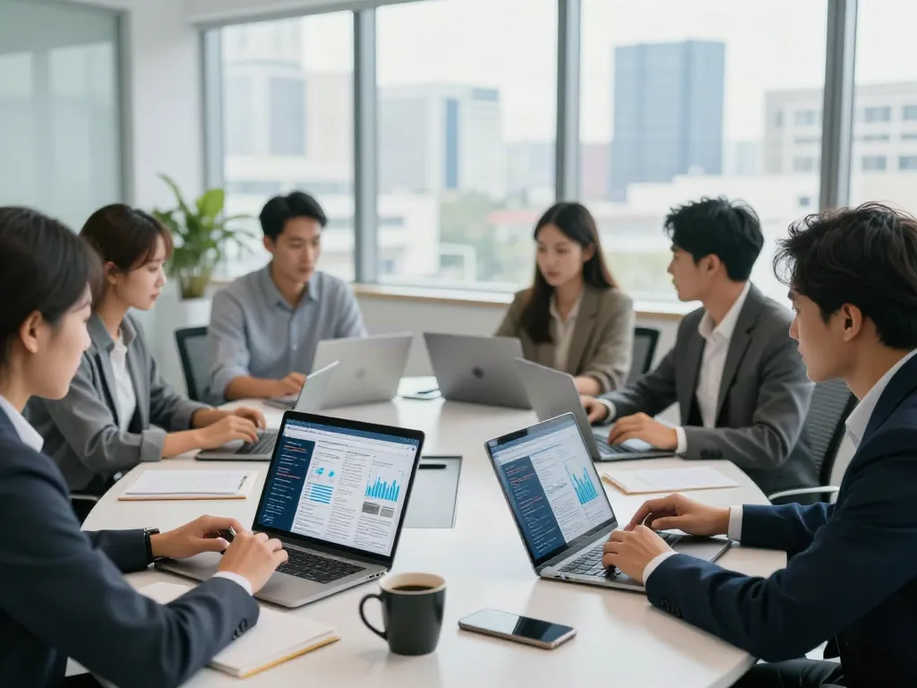Team collaborating on ISTANA 404 insights in a modern office setup